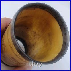 Antique English Bone  cup glass bottom Hand carved hunting scene Dated 1852