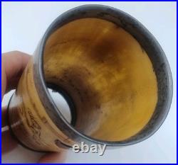 Antique English Bone  cup glass bottom Hand carved hunting scene Dated 1852