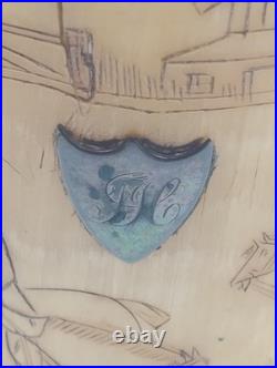 Antique English Bone  cup glass bottom Hand carved hunting scene Dated 1852