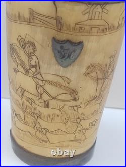 Antique English Bone  cup glass bottom Hand carved hunting scene Dated 1852