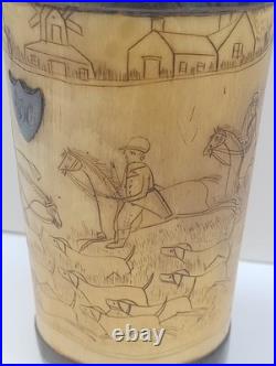Antique English Bone  cup glass bottom Hand carved hunting scene Dated 1852
