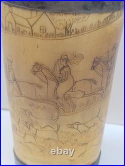 Antique English Bone  cup glass bottom Hand carved hunting scene Dated 1852
