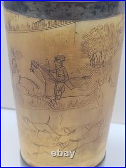 Antique English Bone  cup glass bottom Hand carved hunting scene Dated 1852