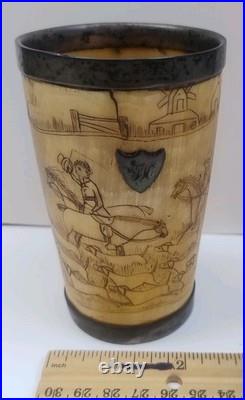 Antique English Bone  cup glass bottom Hand carved hunting scene Dated 1852