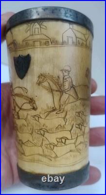 Antique English Bone  cup glass bottom Hand carved hunting scene Dated 1852