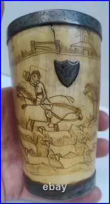 Antique English Bone  cup glass bottom Hand carved hunting scene Dated 1852