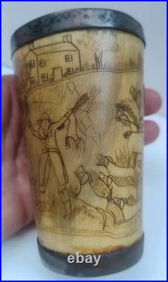 Antique English Bone  cup glass bottom Hand carved hunting scene Dated 1852