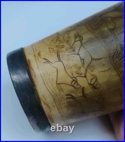 Antique English Bone  cup glass bottom Hand carved hunting scene Dated 1852