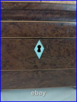 Antique English Burlwood Sarcophagus Tea Caddy Inside Lids Regency