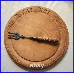 Antique English Carved Want Not Bread Board & 12 Engraved Bread Fork