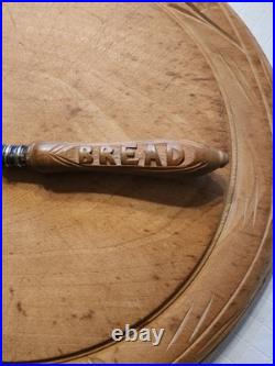 Antique English Carved Want Not Bread Board & 12 Engraved Bread Fork