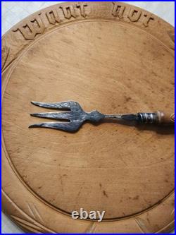 Antique English Carved Want Not Bread Board & 12 Engraved Bread Fork