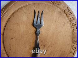 Antique English Carved Want Not Bread Board & 12 Engraved Bread Fork