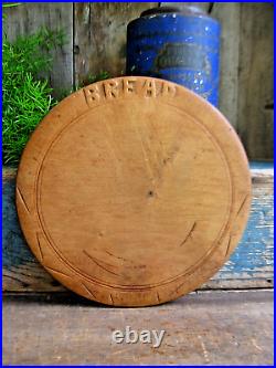 Antique English Carved Wood Round Bread Cutting Board Original Surface