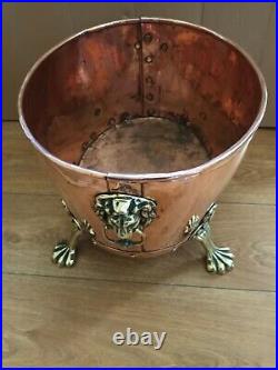 Antique English Copper Coal Bucket With Brass Claw Feet & Lion Head Handles