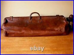 Antique English Leather Long Cricket Kit Bag. Vintage Coffin Bat Holdall