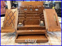 Antique English Oak Desk Box Perpetual Calendar Signed On Lock Secret Drawer