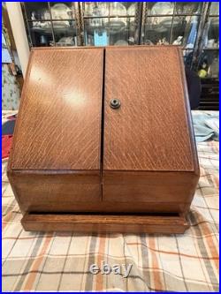 Antique English Oak Desk Box Perpetual Calendar Signed On Lock Secret Drawer