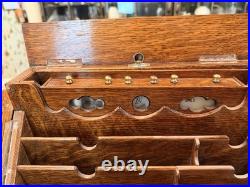 Antique English Oak Desk Box Perpetual Calendar Signed On Lock Secret Drawer