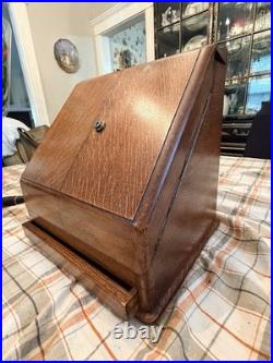 Antique English Oak Desk Box Perpetual Calendar Signed On Lock Secret Drawer