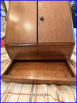 Antique English Oak Desk Box Perpetual Calendar Signed On Lock Secret Drawer