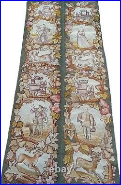 Antique English Tapestry Fine Needlepoint Wool Silk Human 2x7 C. 1920 56cmx218cm