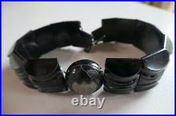 Antique English Victorian huge carved auth Whitby jet choker necklace