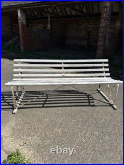 Antique English White Wrought Iron Wood Strap Bench Vintage Country Garden Bench