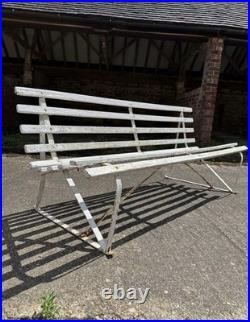 Antique English White Wrought Iron Wood Strap Bench Vintage Country Garden Bench