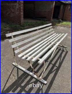 Antique English White Wrought Iron Wood Strap Bench Vintage Country Garden Bench