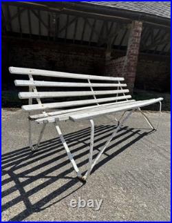 Antique English White Wrought Iron Wood Strap Bench Vintage Country Garden Bench