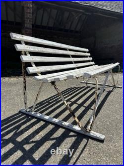 Antique English White Wrought Iron Wood Strap Bench Vintage Country Garden Bench