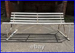 Antique English White Wrought Iron Wood Strap Bench Vintage Country Garden Bench