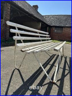 Antique English White Wrought Iron Wood Strap Bench Vintage Country Garden Bench