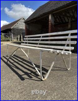 Antique English White Wrought Iron Wood Strap Bench Vintage Country Garden Bench