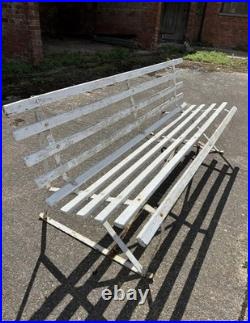 Antique English White Wrought Iron Wood Strap Bench Vintage Country Garden Bench