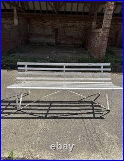 Antique English White Wrought Iron Wood Strap Bench Vintage Country Garden Bench