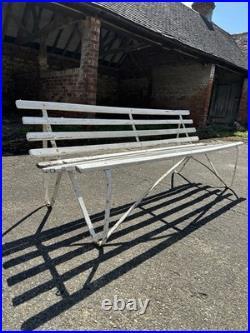 Antique English White Wrought Iron Wood Strap Bench Vintage Country Garden Bench