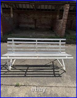 Antique English White Wrought Iron Wood Strap Bench Vintage Country Garden Bench