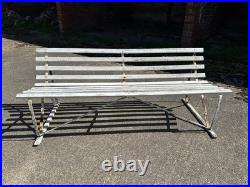 Antique English White Wrought Iron Wood Strap Bench Vintage Country Garden Bench