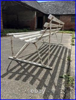 Antique English White Wrought Iron Wood Strap Bench Vintage Country Garden Bench