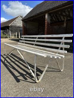 Antique English White Wrought Iron Wood Strap Bench Vintage Country Garden Bench