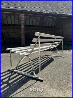 Antique English White Wrought Iron Wood Strap Bench Vintage Country Garden Bench