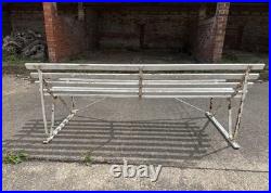 Antique English White Wrought Iron Wood Strap Bench Vintage Country Garden Bench