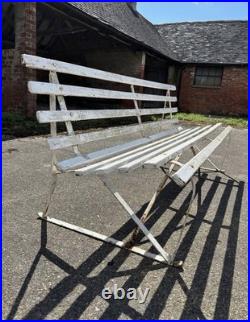 Antique English White Wrought Iron Wood Strap Bench Vintage Country Garden Bench