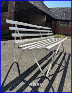 Antique English White Wrought Iron Wood Strap Bench Vintage Country Garden Bench