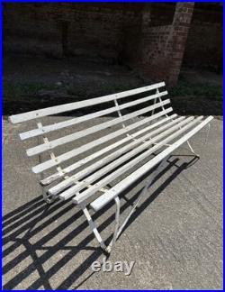 Antique English White Wrought Iron Wood Strap Bench Vintage Country Garden Bench