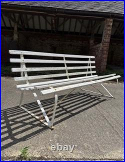 Antique English White Wrought Iron Wood Strap Bench Vintage Country Garden Bench