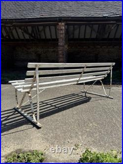 Antique English White Wrought Iron Wood Strap Bench Vintage Country Garden Bench Antique English White Wrought Iron Wood Strap Bench Vintage Country Garden Bench