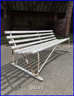 Antique English White Wrought Iron Wood Strap Bench Vintage Country Garden Bench